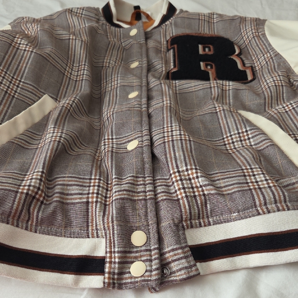 H&M Gray Plaid Varsity Jacket with Cream Sleeves - Picture 7 of 8